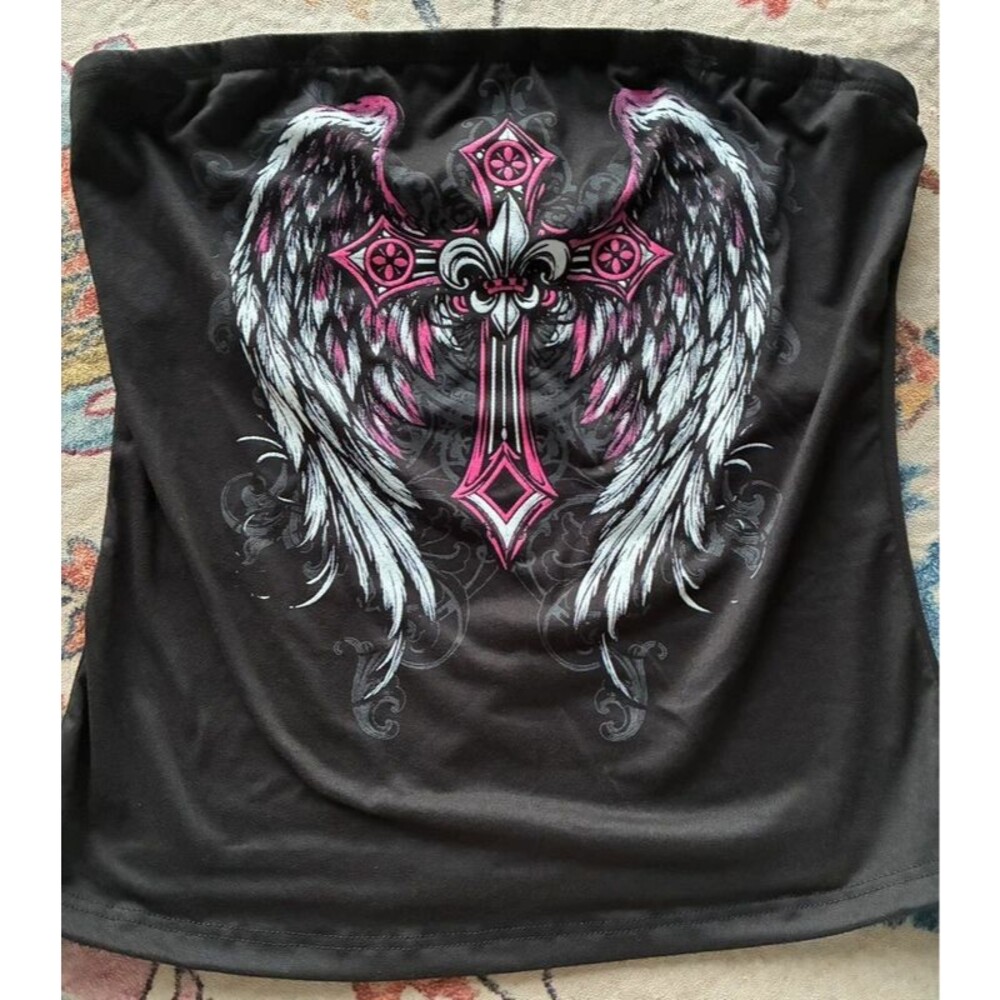 Starlet Black Pink Cross Angel Wings Graphic Strapless Tube Top Size L